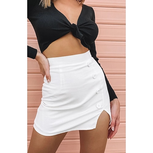 

Women's Skirt Bodycon Above Knee Cotton Blend Khaki White Black Skirts Summer Split Fashion Long Office / Career Vacation S M L / Slim
