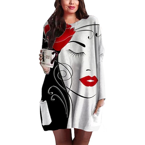 

Women's Plus Size Holiday Dress Graphic Crew Neck Print Long Sleeve Fall Winter Basic Short Mini Dress Causal Daily Dress