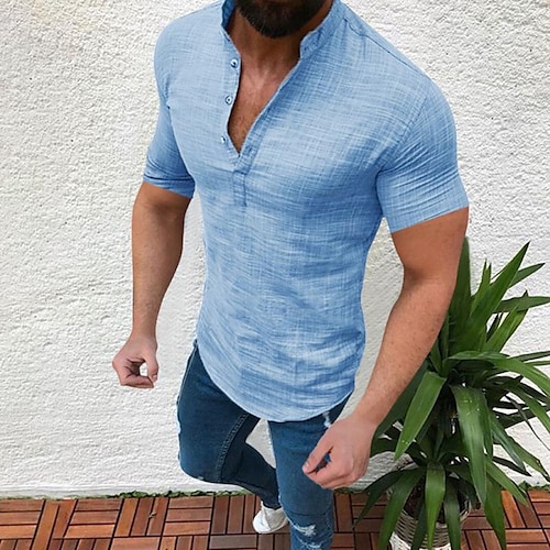 

Men's Linen Shirt Shirt Summer Shirt Beach Shirt Black White Blue Short Sleeve Solid Color Stand Collar Spring Fall Casual Daily Clothing Apparel collared shirts