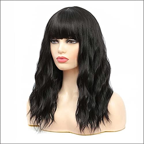 

black wigs with bangs, natural looking curly wavy wig for women, pastel black realistic wigs for girl, heat resistant synthetic hair wigs for daily use(16"", natural black)