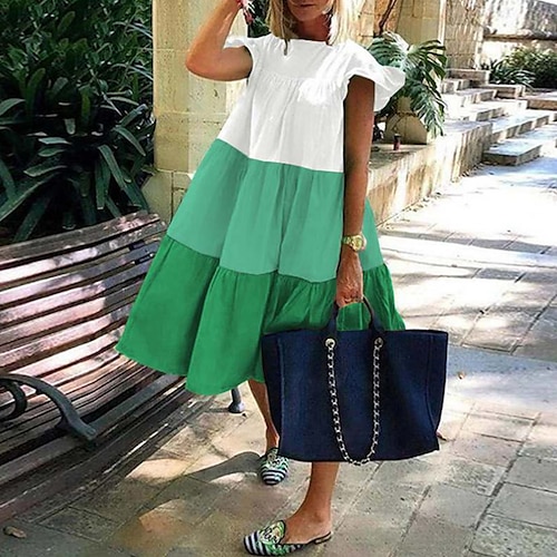 

Women's Casual Dress Sundress Midi Dress Green Blue Red Short Sleeve Color Block Patchwork Spring Summer Crew Neck Party Loose Fit S M L XL XXL 3XL