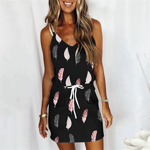 

Women's Strap Dress Mini Dress Black White Sleeveless Print Lace up Spring Summer V Neck Casual 2023 S M L XL XXL