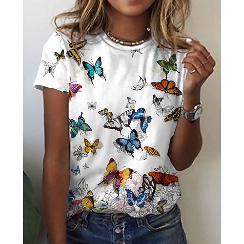 

Women's T shirt Tee White Animal Butterfly Print Short Sleeve Daily Weekend Basic Round Neck Regular Butterfly Painting S
