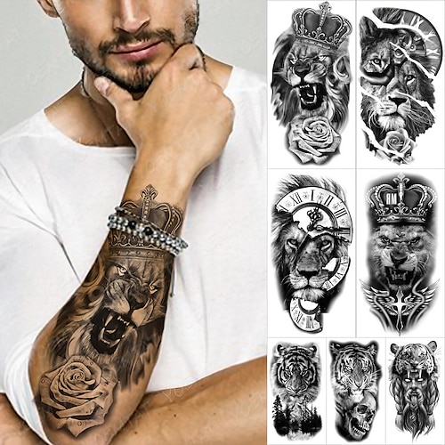 

7 pcs Waterproof Temporary Tattoo Sticker Forest Lion Tiger Bear Flash Tattoos Women Leopard Wolf Crown Body Art Arm Fake Tatoo Men