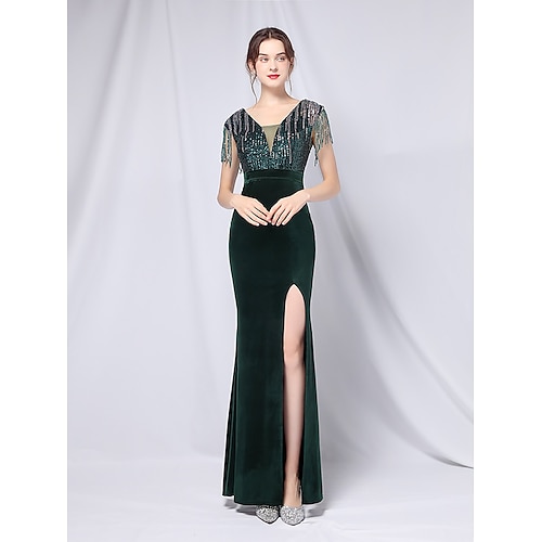 

Mermaid / Trumpet Evening Dresses Empire Dress Wedding Guest Floor Length Short Sleeve V Neck Velvet with Tassel Slit 2022 / Formal Evening