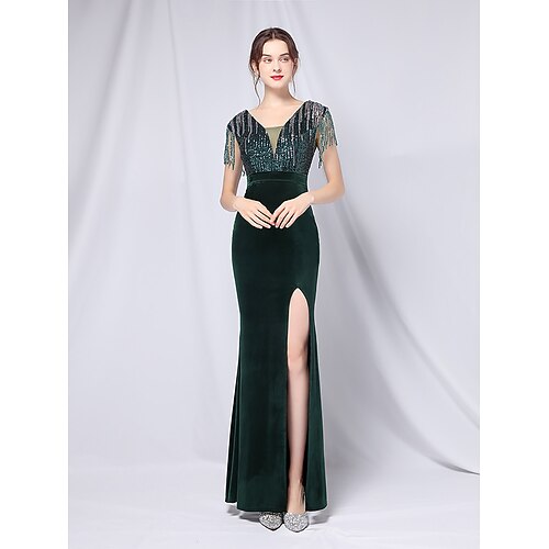 

Mermaid / Trumpet Evening Dresses Empire Dress Wedding Guest Floor Length Short Sleeve V Neck Velvet with Tassel Slit 2022 / Formal Evening