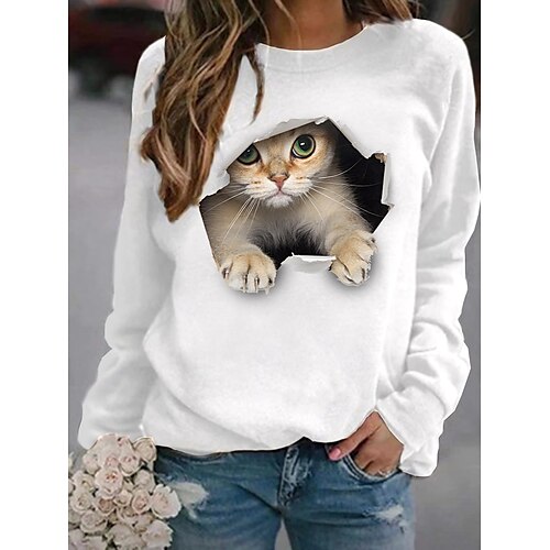 

Damen Pullover Zur Seite fahren Katze 3D Tier 3D Bedruckt Täglich Sport 3D-Druck Baumwolle Aktiv Strassenmode Kapuzenpullover Sweatshirts Weiß Schwarz Grau