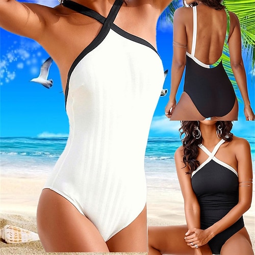 

Women's One Piece Swimsuit Backless Front Cross Bodysuit Bathing Suit Solid Colored Swimwear White Black Breathable Quick Dry Elastic Swimming Surfing Beach Summer / Stretchy