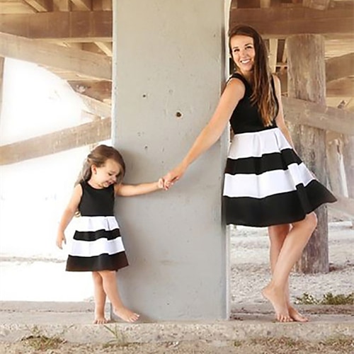 

Mommy and Me Dresses Solid Color Daily Wear Patchwork Black Dark Pink Sleeveless Above Knee Daily Matching Outfits / Summer