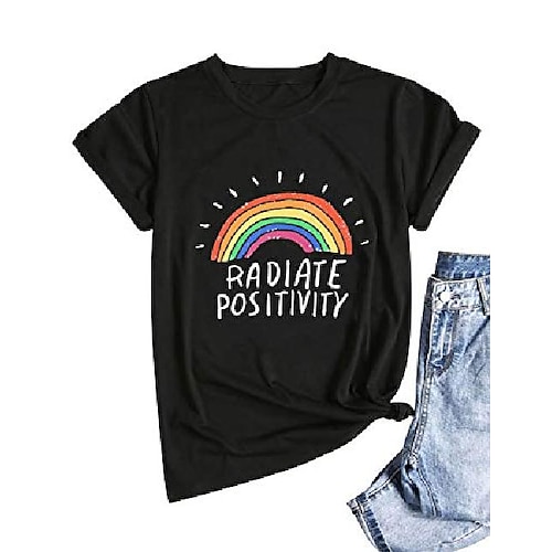 

women radiate positivity letter print t shirt rainbow graphic crewneck short sleeve tee top