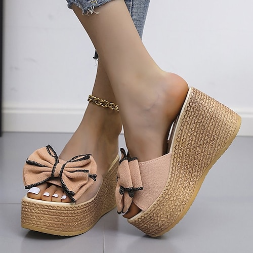 

Women's Sandals Wedge Sandals Espadrilles Platform Sandals Bowknot Platform Wedge Heel Round Toe PU Loafer Solid Colored Black Green Rosy Pink