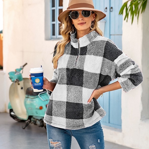 

Women's Pullover Sweatshirt Pullover Streetwear Casual Oversized Quarter Zip Print Green White Red Plaid Checkered Loose Fit Casual V Neck Long Sleeve Cotton S M L XL XXL / 3D Print