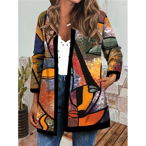 

Women's Jacket Casual Jacket Daily Holiday Valentine's Day Fall Regular Coat Round Neck Regular Fit Breathable Casual Baroque Jacket Long Sleeve Color Block Portrait Print Yellow Red