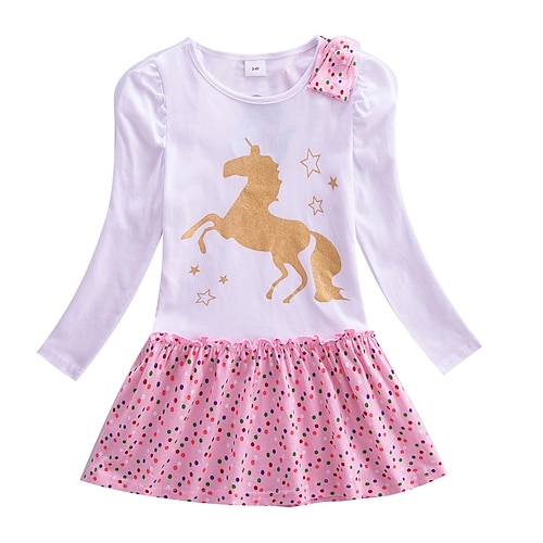 

Girls ' Vestido de Algodón Manga Larga Graphic Caricatura Galaxia Gráfico impreso en 3D Vestidos Princesa Dulce Hasta la Rodilla 100% Algodón Vestido Otoño Blanco Unicornio Niños Delgado