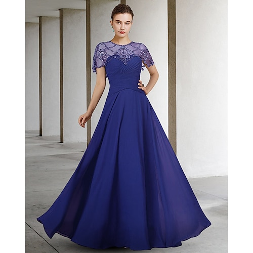 

A-Line Mother of the Bride Dress Elegant Jewel Neck Floor Length Chiffon Short Sleeve with Pleats Beading 2022