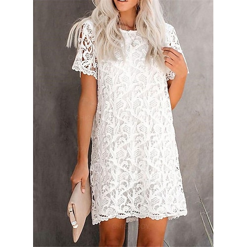 

Mulheres Vestido de festa Vestido de renda Vestido T shirt Minivestido Branco Manga Curta Cor imaculada Renda Primavera Verão Gola Redonda S M L XL XXL