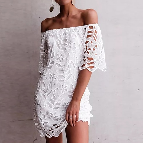 

Women's Party Dress Shift Dress White Dress Mini Dress White Half Sleeve Pure Color Lace Fall Spring Autumn Off Shoulder S M L XL XXL