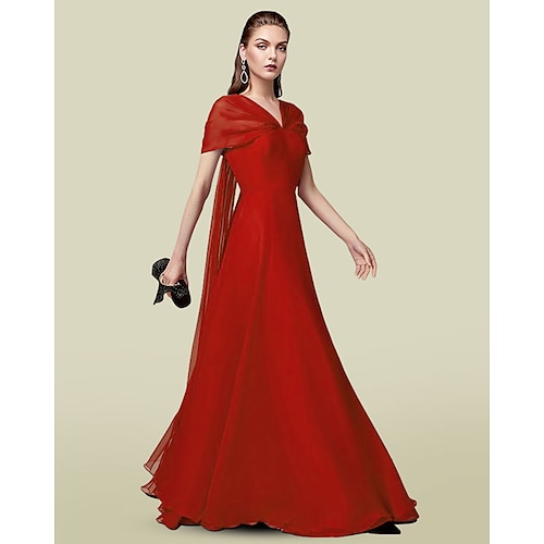 

A-Line Mother of the Bride Dress Elegant V Neck Floor Length Chiffon Short Sleeve with Pleats 2022