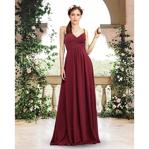 

A-Line Bridesmaid Dress V Neck / Spaghetti Strap Sleeveless Elegant Floor Length Chiffon with Pleats 2022