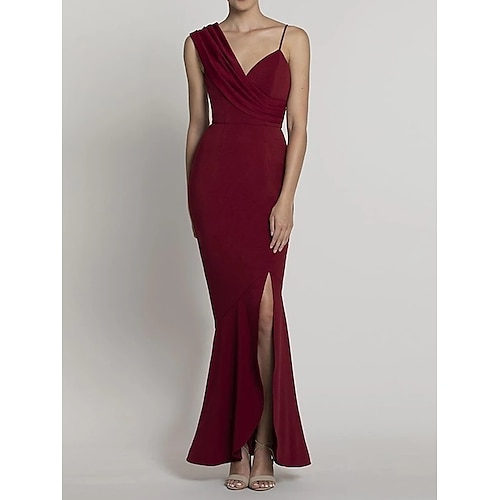 

Mermaid / Trumpet Evening Dresses Reformation Amante Dress Engagement Ankle Length Sleeveless V Neck Satin with Draping Slit 2022 / Formal Evening