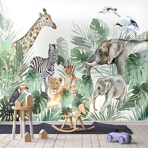 

Nursery Mural Wallpaper Wall Sticker Covering Print Peel and Stick Self Adhesive Cartoon Giraffe Elephant Animal Canvas Home Decor