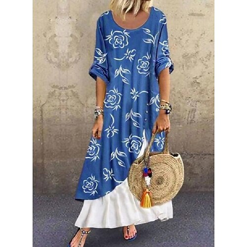 

Women's Shift Dress Swing Dress Blue Floral Patchwork Fall Spring Summer Crew Neck Loose Fit S M L XL XXL XXXL