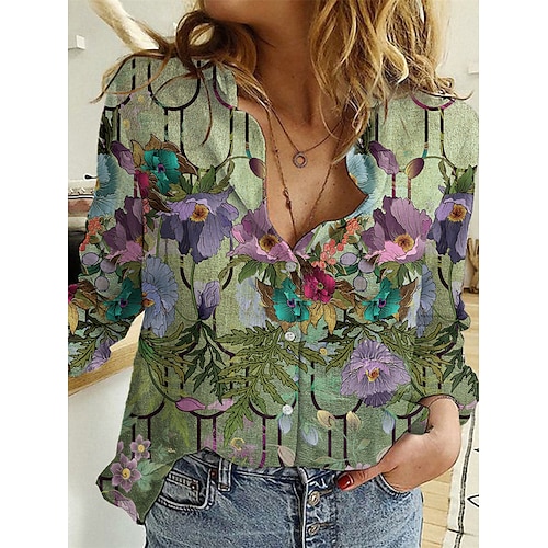 

Women's Blouse Shirt Green Floral Geometric Button Print Long Sleeve Daily Weekend Streetwear Casual Shirt Collar Regular Floral Geometric S