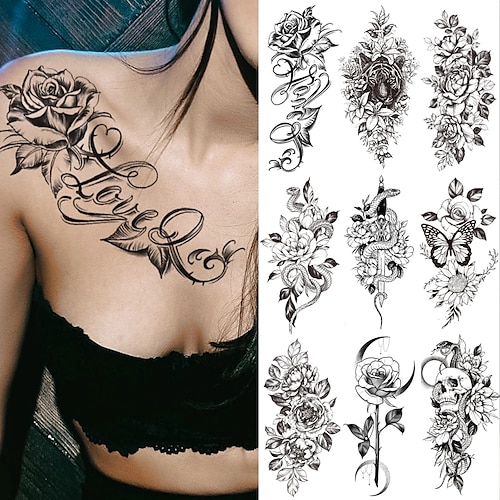 

9 pcs Waterproof Temporary Tattoo Sticker I Love You Flash Tattoos Lip Print Butterfly Flowers Body Art Arm Fake Sleeve Tatoo Women Halloween