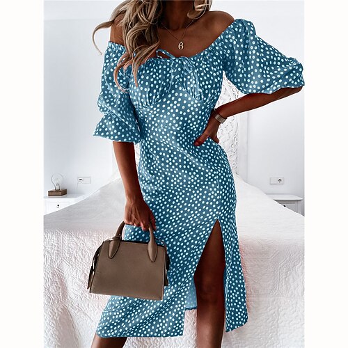 

Women's Shift Dress Midi Dress Green Blue Red Long Sleeve Lace up Winter Fall Autumn Off Shoulder S M L XL XXL