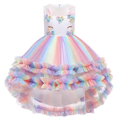 

Kids Little Girls' Dress Sundress Unicorn Floral Tulle Dress Party Festival Mesh Bow Blushing Pink White Asymmetrical Sleeveless Princess Sweet Dresses Summer Regular Fit 3-12 Years