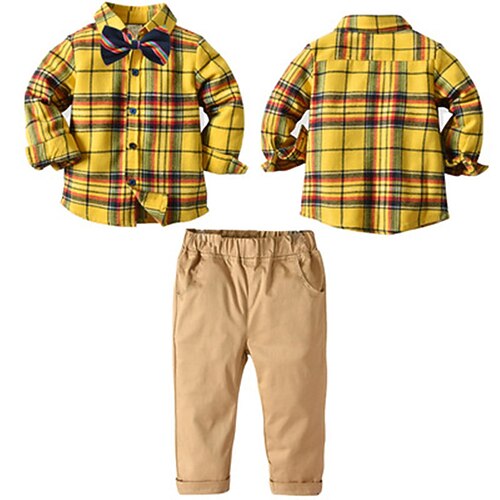 

2 Pieces Kids Boys Suit & Blazer Clothing Set Outfit Plaid Long Sleeve Print Cotton Set School Basic 2-8 Years Yellow