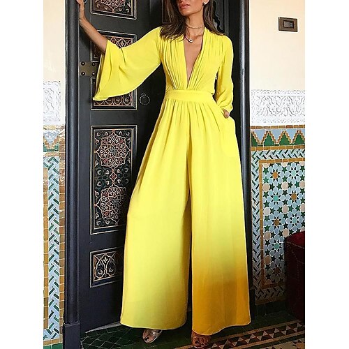 

Women's Jumpsuit Ruched Solid Color Deep V Elegant Party Holiday Wide Leg Regular Fit Long Sleeve Yellow S M L Fall / High Waist