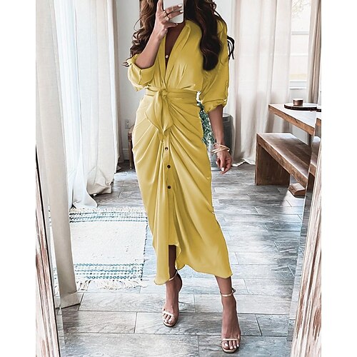 

Women's Midi Dress dark brown All yellow Orange 3/4 Length Sleeve Striped Ruched Winter Fall Autumn Shirt Collar Loose Fit 2022 S M L XL