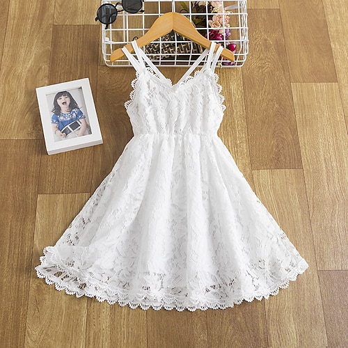 

Kids Girls' Dress Solid Colored Strap Dress Midi Dress Lace Sleeveless Casual Dress 2-8 Years Summer Pink Yellow Wine