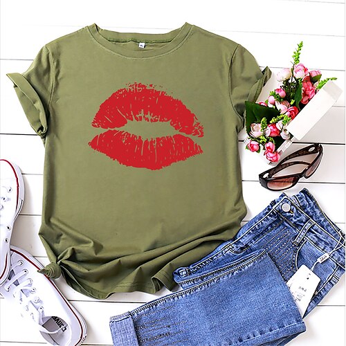 

graphic tees for women plus size vintage red lips print tshirts summer casual short sleeve crewneck cute sexy tops