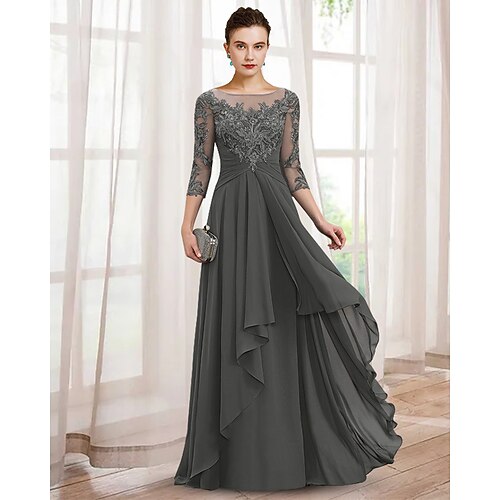 

A-Line Mother of the Bride Dress Elegant V Neck Floor Length Chiffon Lace 3/4 Length Sleeve with Ruffles Appliques 2022