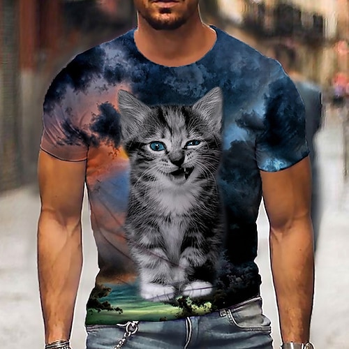 

Homens Unisexo Camiseta Camisa Social Camisetas Gato Estampas Abstratas Gola Redonda Azul Impressão 3D Diário Feriado Manga Curta Imprimir Roupa Designer Casual Grande e Alto / Verão / Verão