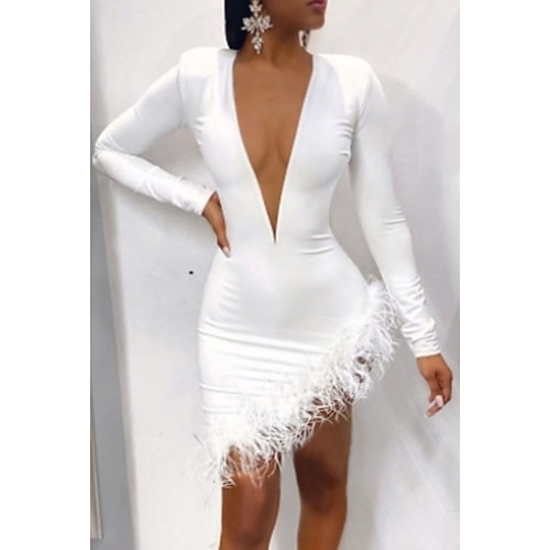

Women's Party Dress Holiday Dress Sheath Dress Black White Long Sleeve Pure Color Mesh Fall V Neck Hot Party Winter Dress Fall Dress Slim 2022 S M L XL