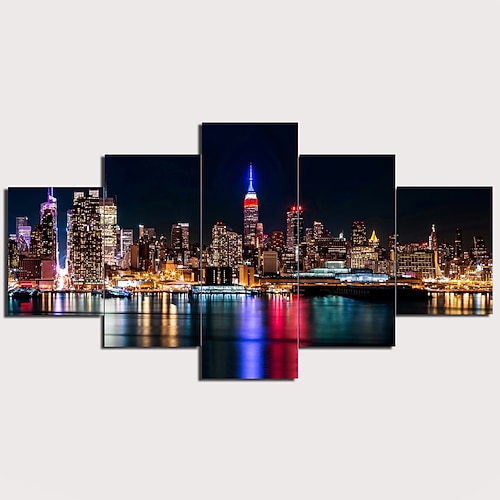 

5 Panels Wall Art Canvas Prints Painting Artwork Picture Night View Urban Landscape Skyline Home Decoration Décor Rolled Canvas No Frame Unframed Unstretched