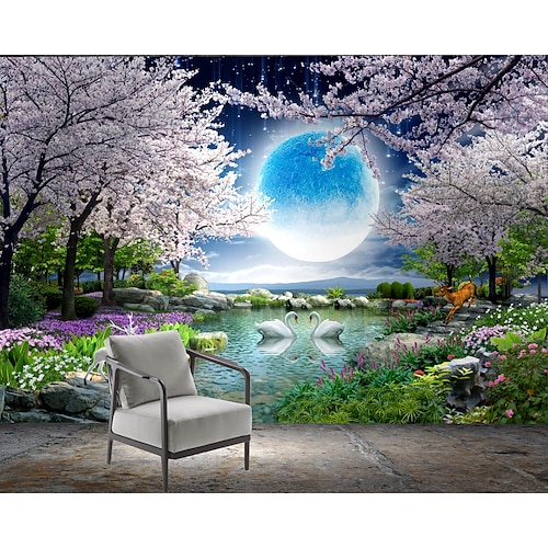 

Landscape 3D Mural Wallpaper Night View Cherry Blossom Wall sticker Self-adhesive PVC/Vinyl for Living Room Bedroom Restaurant Hotel Wall Cloth Room Home Decor