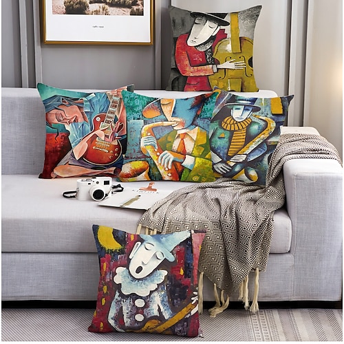 

ölgemälde stil doppelseite kissenbezug 5pc weiches quadratisches kissenbezug faux leinen kissenbezug kissenbezug für schlafzimmer wohnzimmer im freien für sofa couch bett stuhl vintage musiker