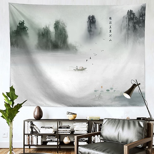 

Chinese Style Wall Tapestry Art Decor Blanket Curtain Hanging Home Bedroom Living Room Decoration Polyester Mountain Boat