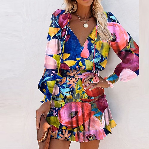 

Women's A Line Dress Short Mini Dress Green Black Blue Red Long Sleeve Floral Ruffle Print Fall Winter V Neck Casual 2022 S M L XL XXL 3XL / Cotton