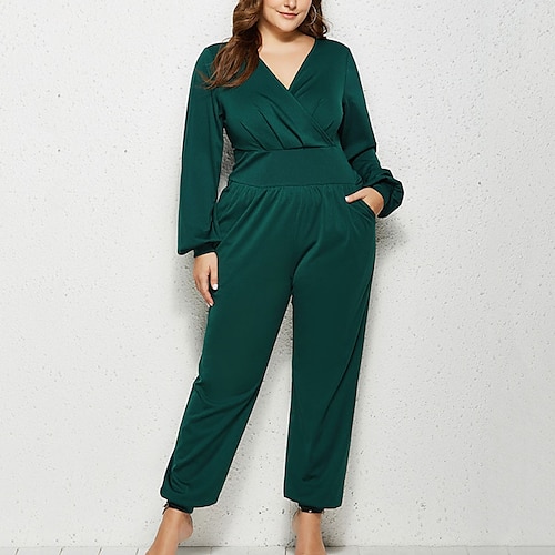 

Women's Plus Size Jumpsuit Charm Solid Colored Long Sleeve Basic Ordinary Spring Fall Green Black Royal Blue XXL 3XL 4XL 5XL / V Neck