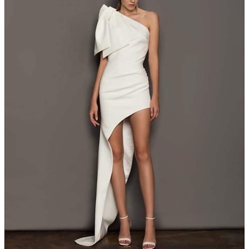 

Sheath / Column Wedding Dresses One Shoulder Asymmetrical Short / Mini Italy Satin Sleeveless Simple Sexy with Bow(s) Ruched 2022