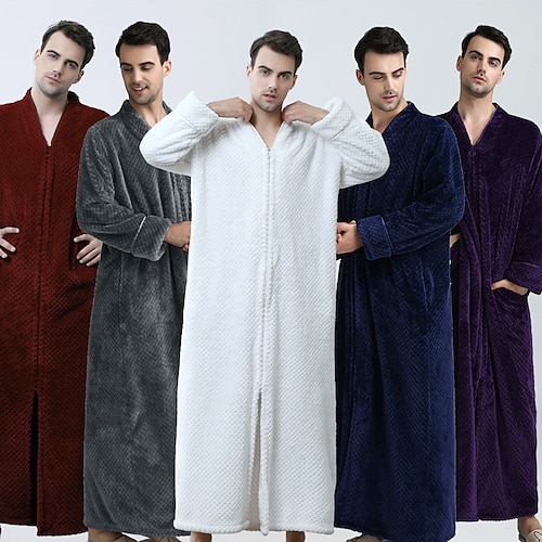 

Men's Pajamas Loungewear Nightgown Sleepwear Plush Plush Robe Home Spa Jacquard Fleece Warm V Wire Long Sleeve White Gray