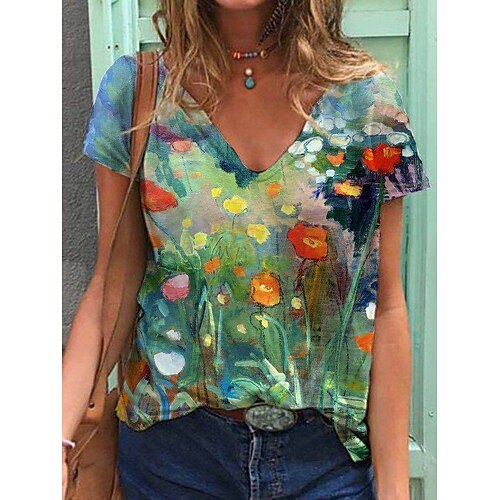 

Women's T shirt Tee Green Purple Red Graphic Floral Print Short Sleeve Daily Weekend Basic V Neck Regular Floral Abstract 3D Printed S