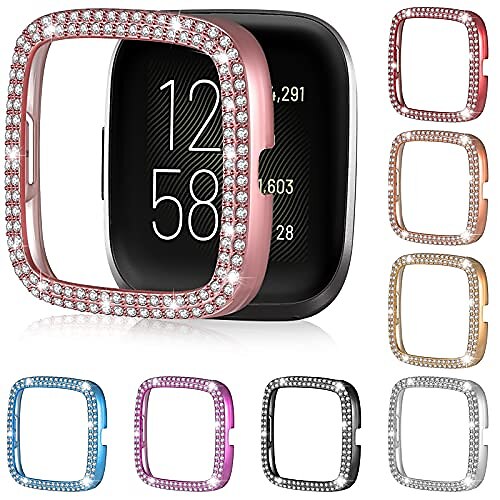 

8 pieces compatible with fitbit versa 2 case double bling crystal rhinestone plated cover shiny for women watch accessories