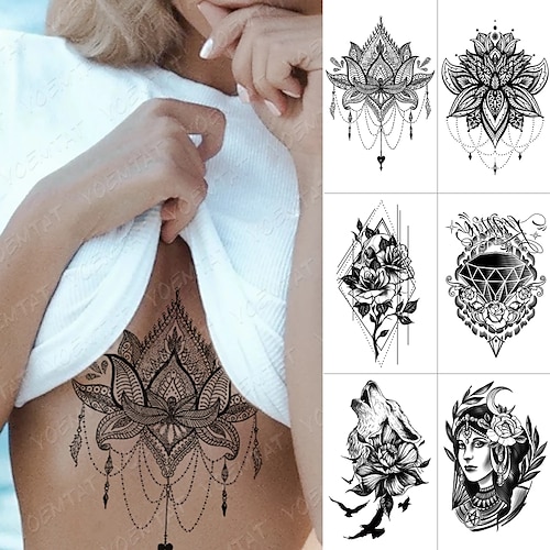 

6 pcs Waterproof Temporary Tattoo Sticker Chest Lace Henna Mandala Flash Tattoos Wolf Diamond Flower Body Art Arm Fake Tatoo Women Men
