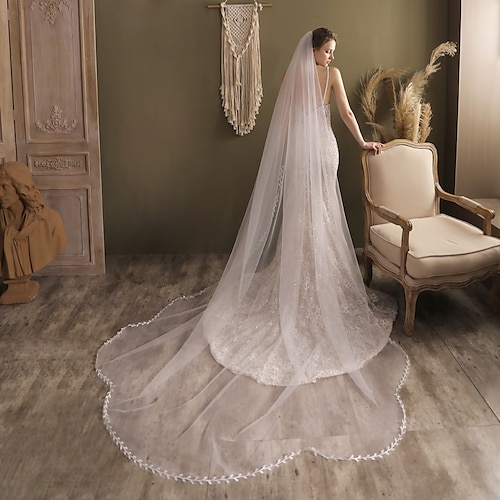

One-tier Elegant & Luxurious Wedding Veil Cathedral Veils with Solid / Trim Tulle / Angel cut / Waterfall